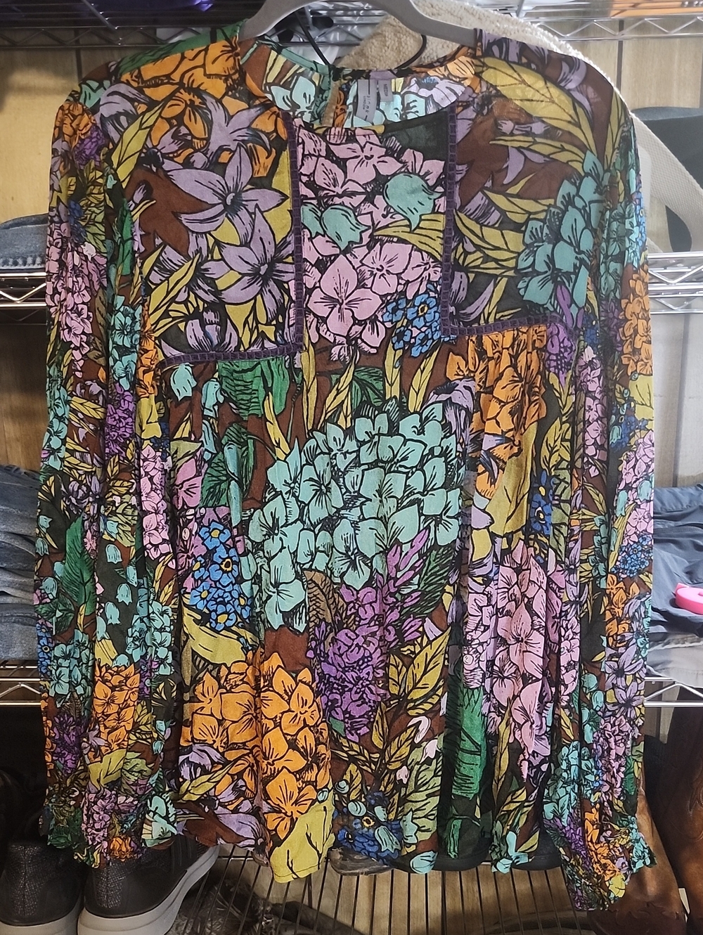 Anthropologie Floral Patchwork Blouse in Brown, Turquoise, Purple, Pink & Yellow